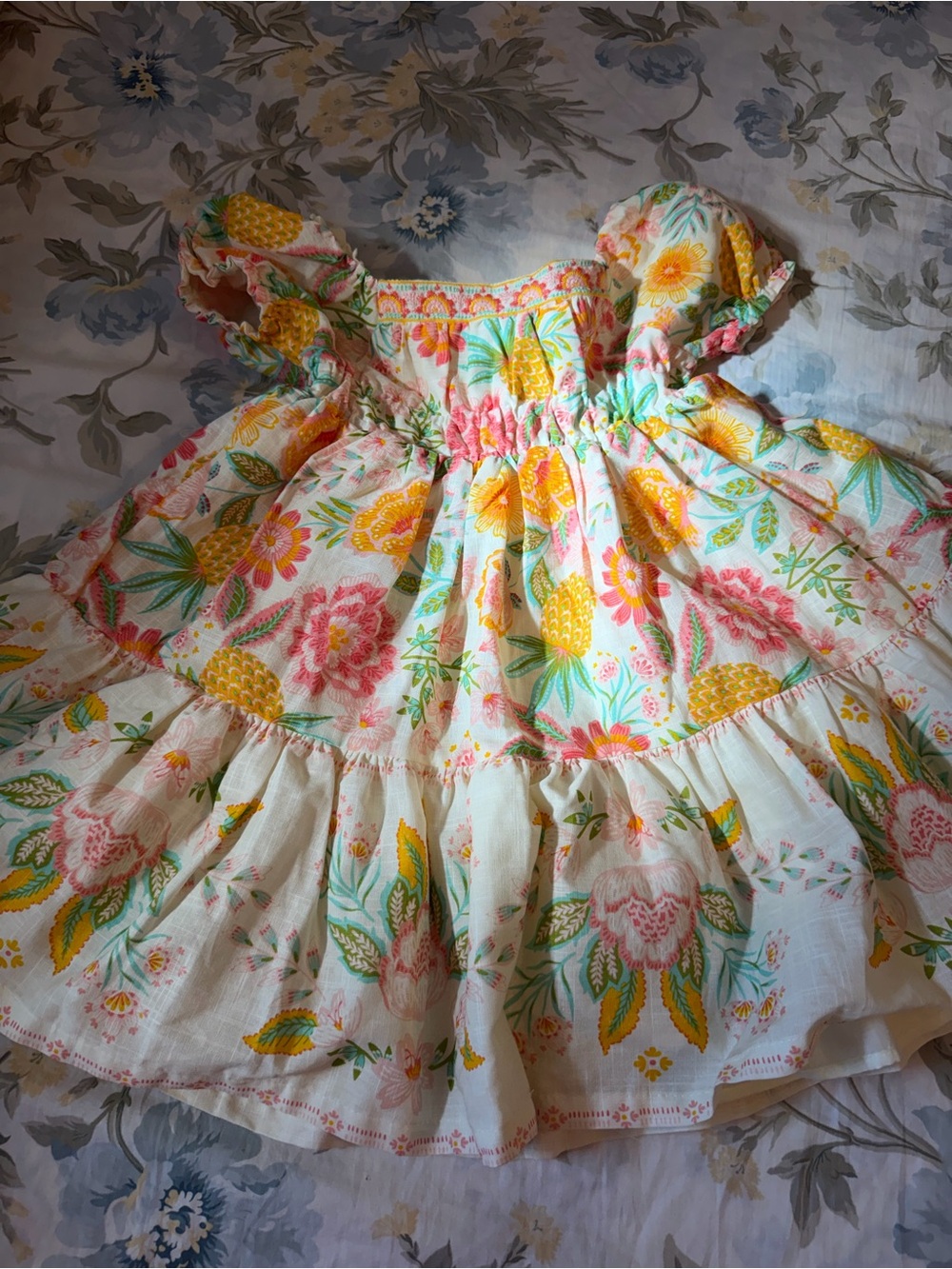 Floral Pineapple Ruffle Sundress - Yellow, Pink & Green girl dresss